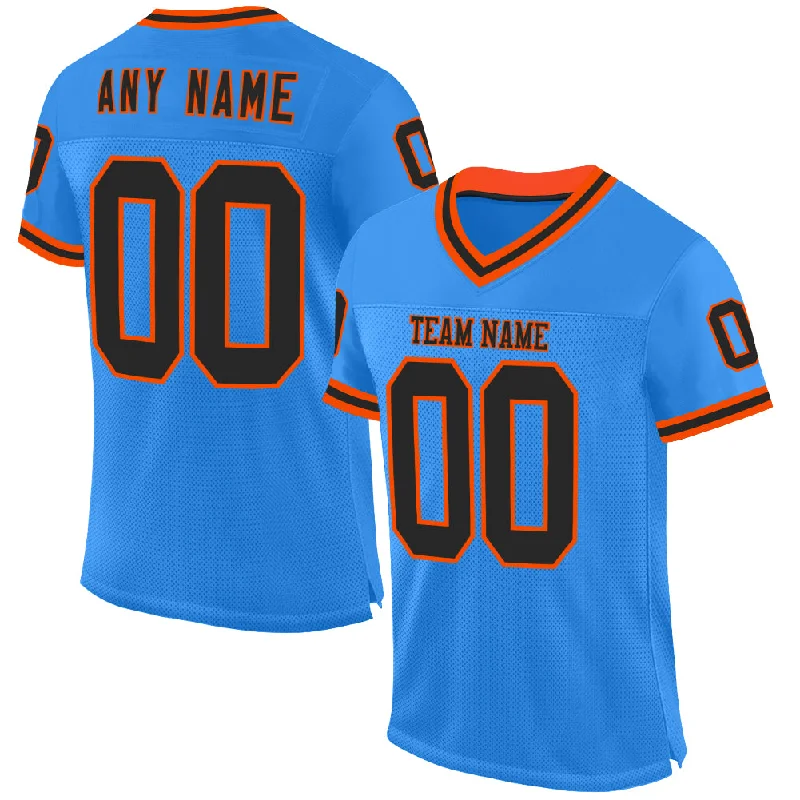 Football Jersey With Organic Cotton Blend-Custom Powder Blue Black-Orange Mesh Authentic Throwback Football Jersey