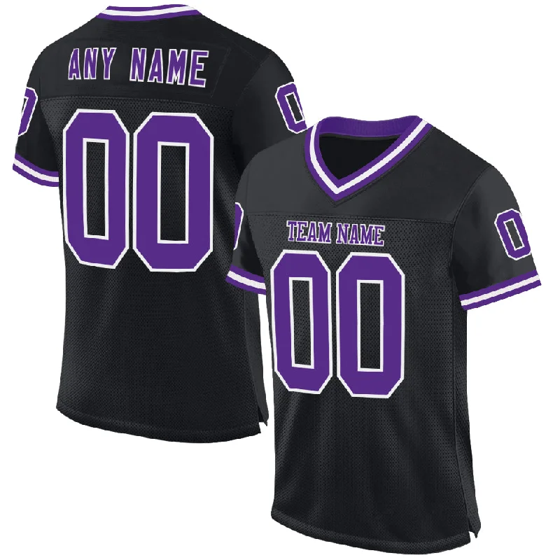 Football Jersey With Tear-Resistant Fabric-Custom Black Purple-White Mesh Authentic Throwback Football Jersey