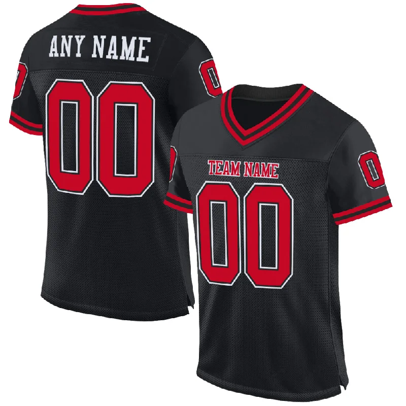 Football Jersey With Custom Number-Custom Black Red-White Mesh Authentic Throwback Football Jersey