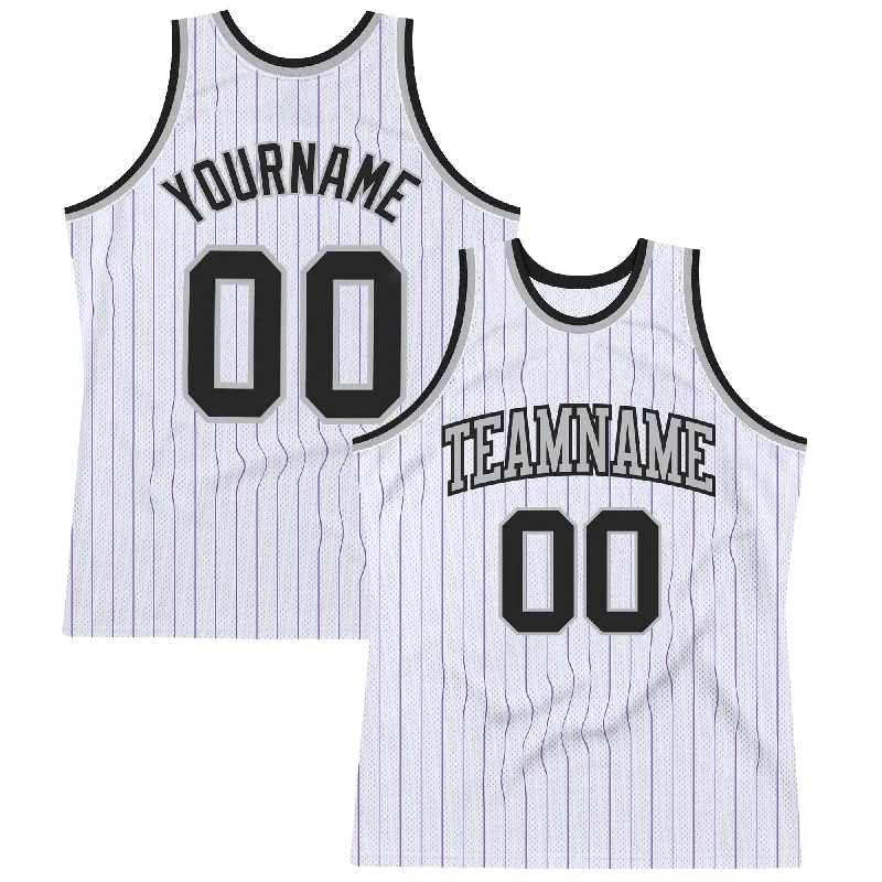 Basketball Jersey With Long Sleeves-Custom White Purple Pinstripe Black-Gray Authentic Basketball Jersey