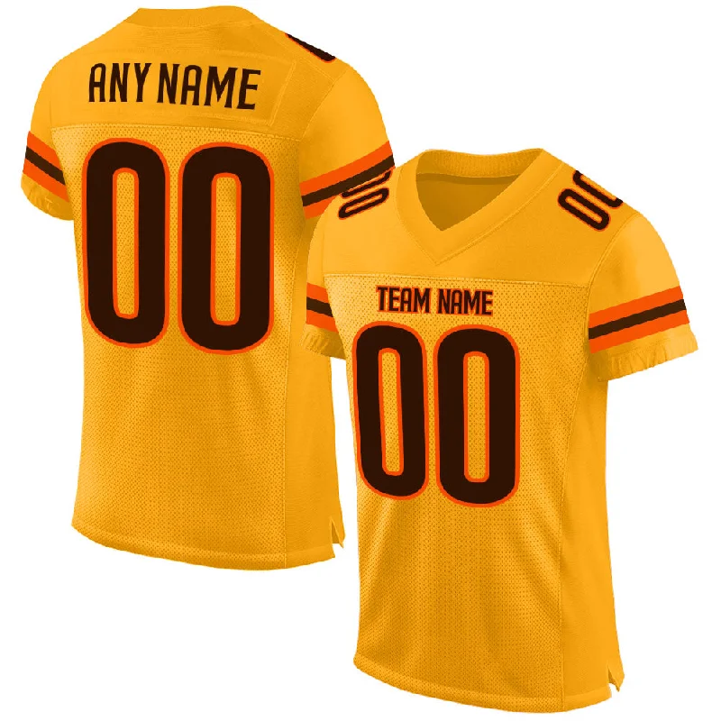 Football Jersey With Glow-In-The-Dark Print-Custom Gold Brown-Orange Mesh Authentic Football Jersey