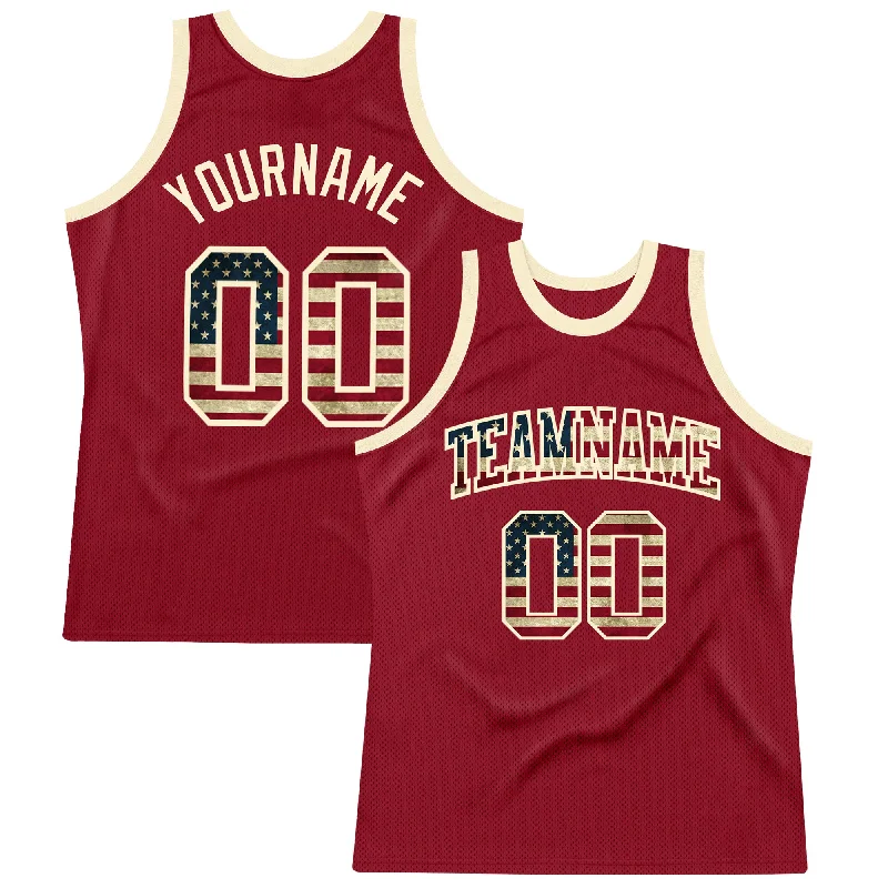 Basketball Jersey With Built-In Tank Top-Custom Maroon Vintage USA Flag-Cream Authentic Throwback Basketball Jersey