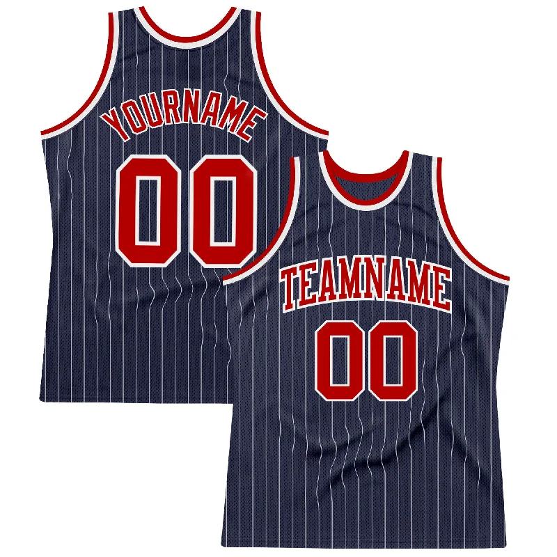 Basketball Jersey For Winter Training-Custom Navy White Pinstripe Red Authentic Basketball Jersey