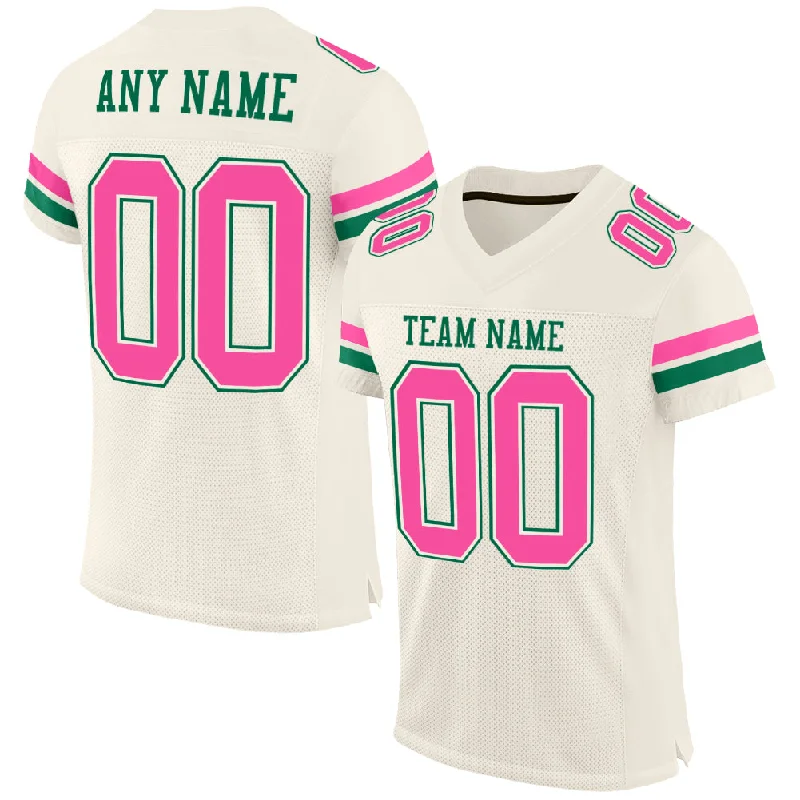 Football Jersey With Extended Length-Custom Cream Pink-Kelly Green Mesh Authentic Football Jersey