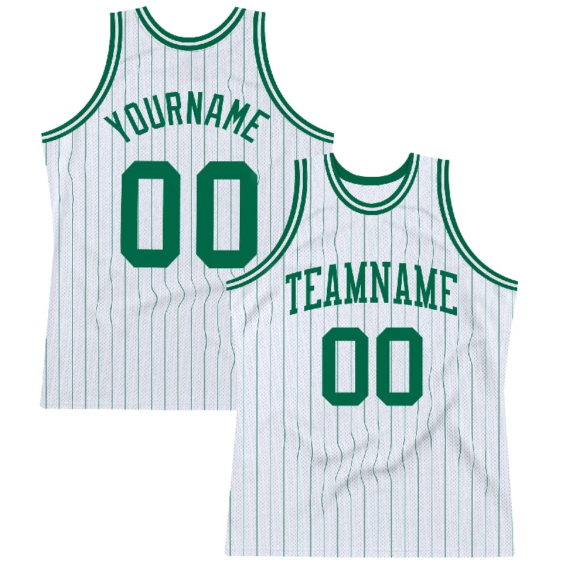 Basketball Jersey With Slim Fit-Custom White Kelly Green Pinstripe Kelly Green Authentic Basketball Jersey