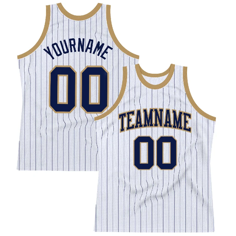 Basketball Jersey With Double Stitching-Custom White Navy Pinstripe Navy-Old Gold Authentic Basketball Jersey