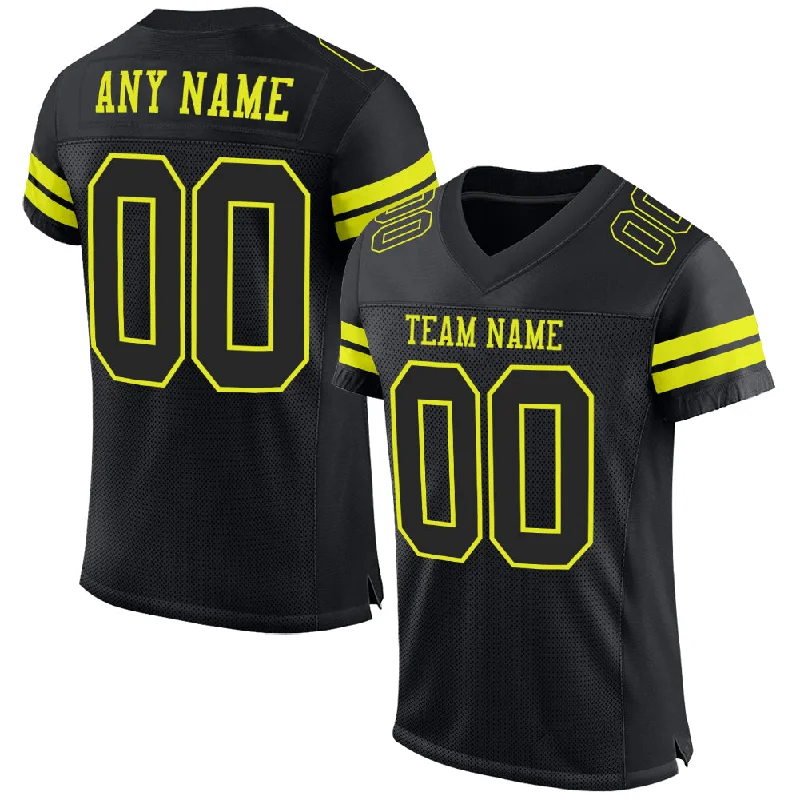 Football Jersey With Mesh Panels-Custom Black Neon Yellow Mesh Authentic Football Jersey