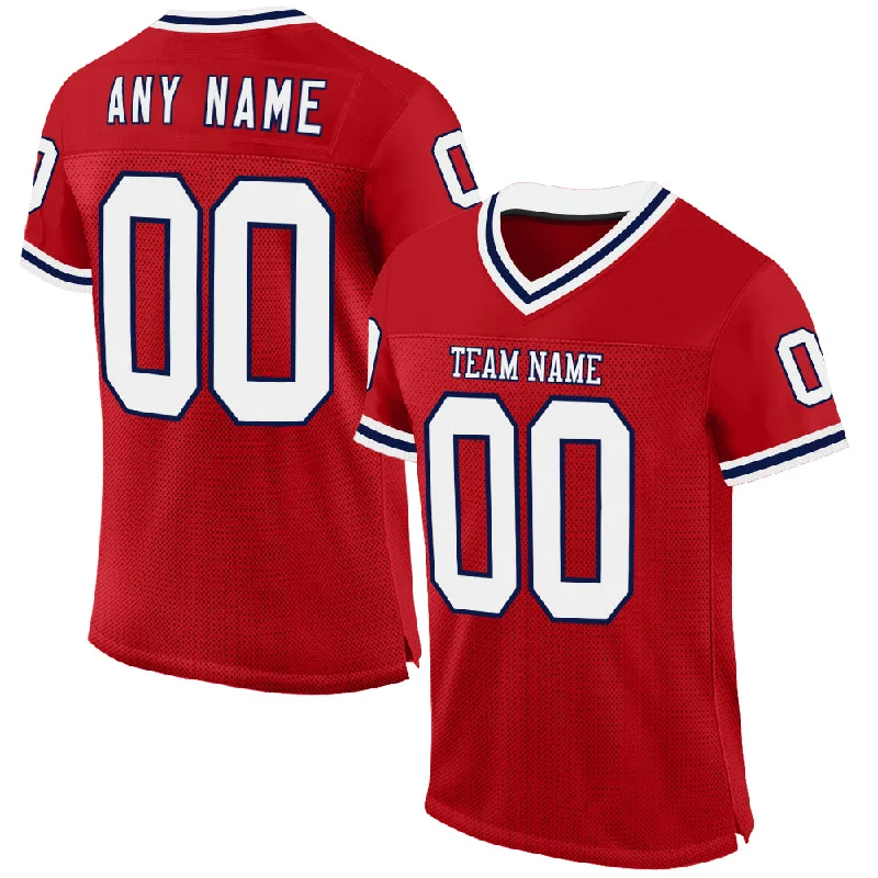 Football Jersey With Streetwear Influence-Custom Red White-Navy Mesh Authentic Throwback Football Jersey