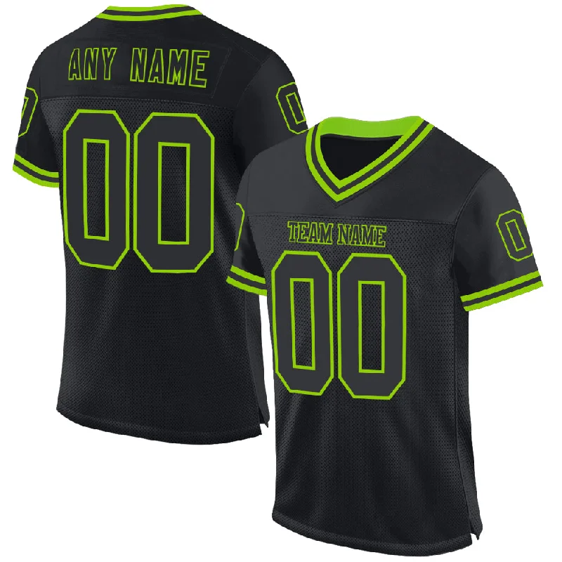 Football Jersey For Toddlers-Custom Black Neon Green Mesh Authentic Throwback Football Jersey