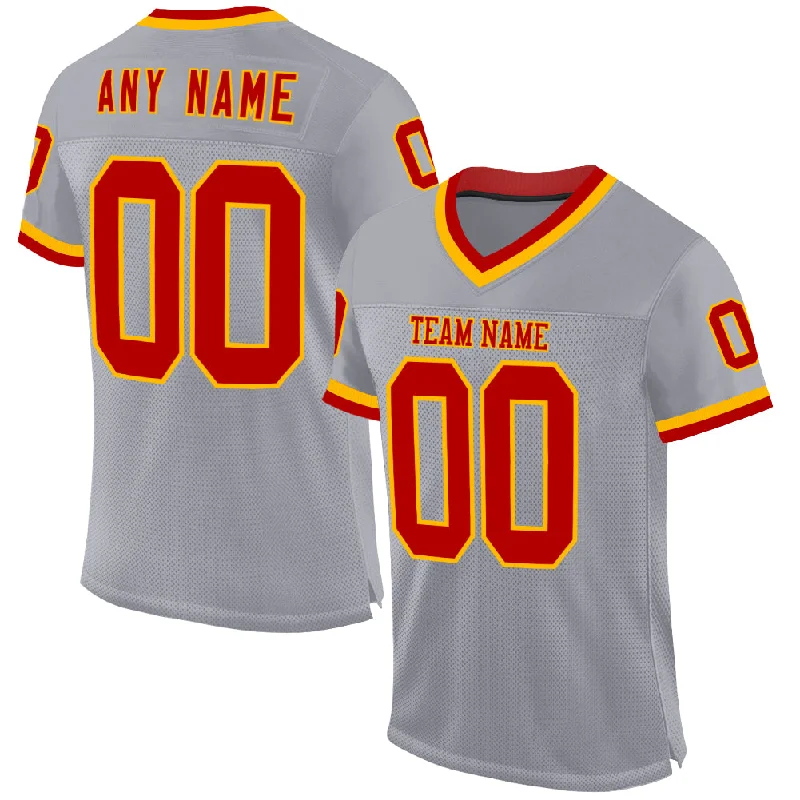 Football Jersey With Mesh Panels-Custom Gray Red-Gold Mesh Authentic Throwback Football Jersey