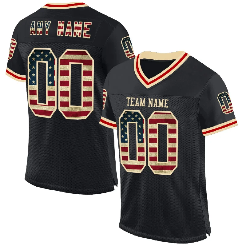 Football Jersey With Wrinkle-Free Design-Custom Black Vintage USA Flag Cream-Red Mesh Authentic Throwback Football Jersey