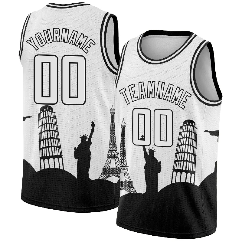 Basketball Jersey With 3D Embroidery-Custom White Black Holiday Travel Monuments Silhouette Authentic City Edition Basketball Jersey