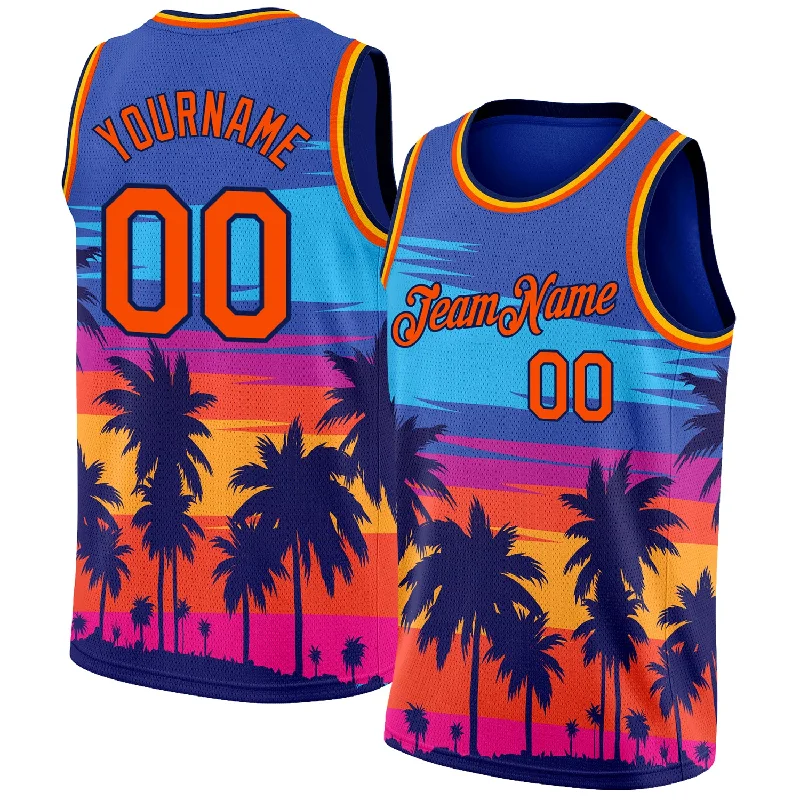 Basketball Jersey With Performance Fabric-Custom Royal Orange-Navy 3D Pattern Tropical Hawaii Palm Trees Authentic Basketball Jersey