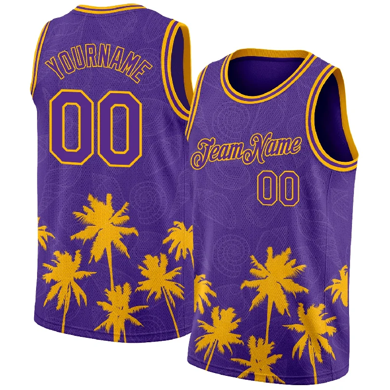 Basketball Jersey With Button-Up Style-Custom Purple Gold 3D Pattern Hawaii Palm Trees Authentic Basketball Jersey