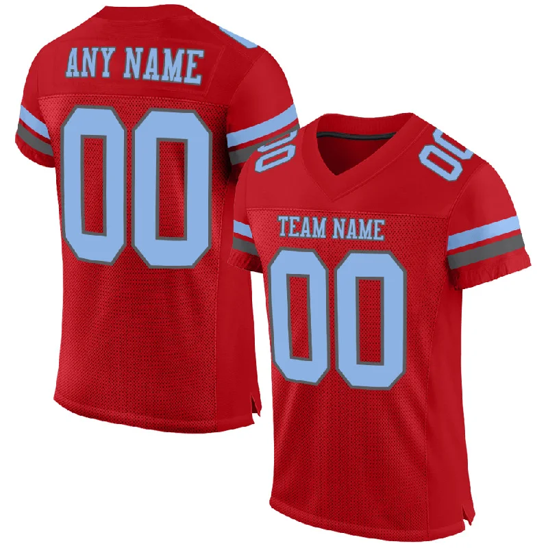 Football Jersey With Team Logo-Custom Red Light Blue-Steel Gray Mesh Authentic Football Jersey