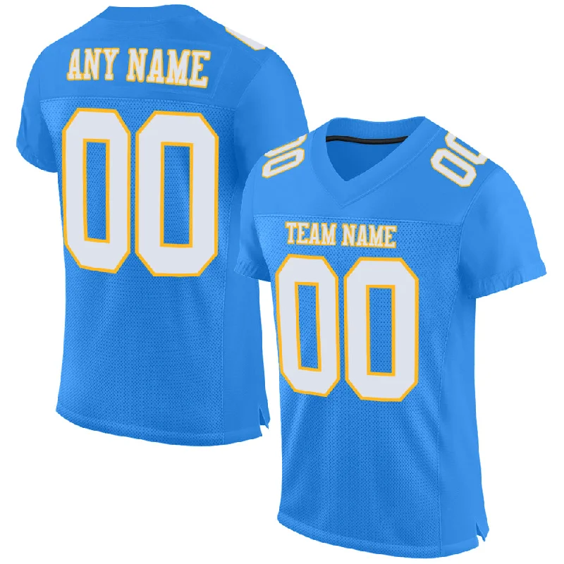 Football Jersey With Motion-Flex Tech-Custom Powder Blue White-Gold Mesh Authentic Football Jersey