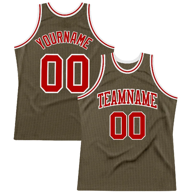 Basketball Jersey With Short Sleeves-Custom Olive Red-White Authentic Throwback Salute To Service Basketball Jersey