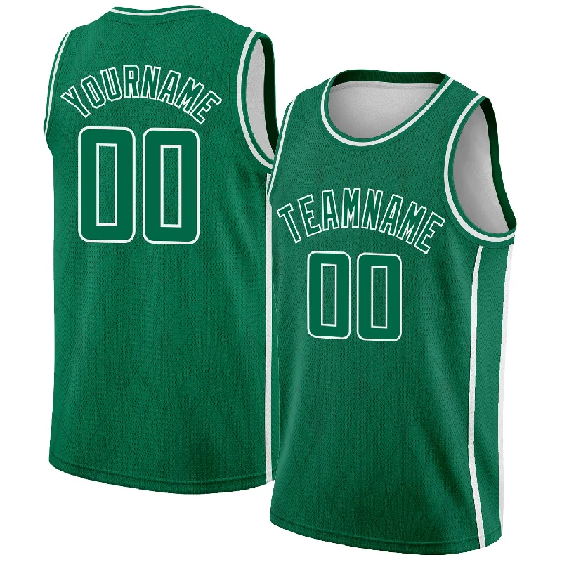 Basketball Jersey For Toddlers-Custom Kelly Green White Geometric Shapes And Side Stripes Authentic City Edition Basketball Jersey