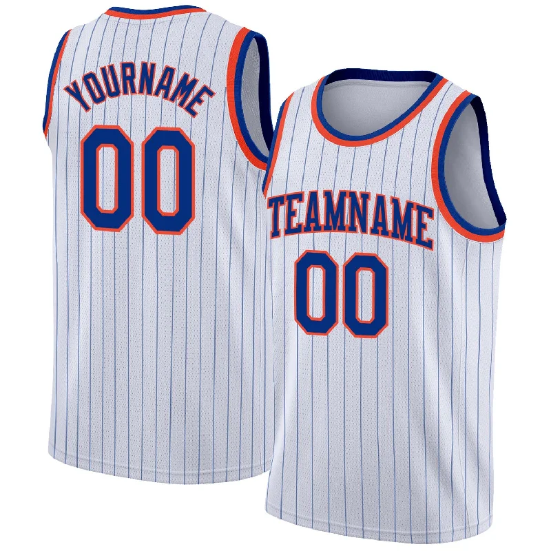 Basketball Jersey With Side Slits-Custom White Royal Pinstripe Royal-Orange Authentic Basketball Jersey