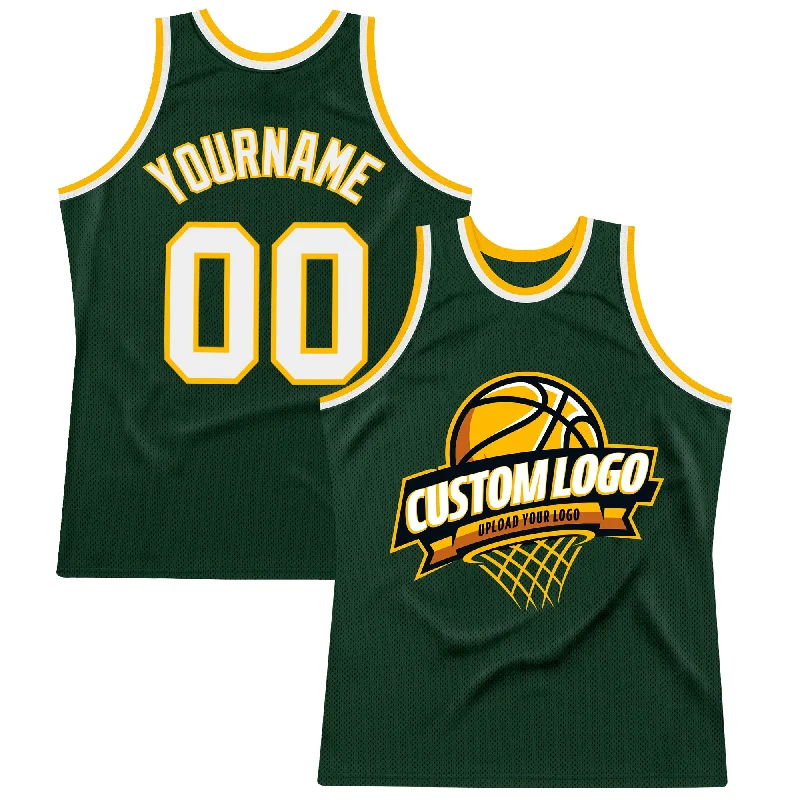 Basketball Jersey With Color Block Pattern-Custom Hunter Green White-Gold Authentic Throwback Basketball Jersey