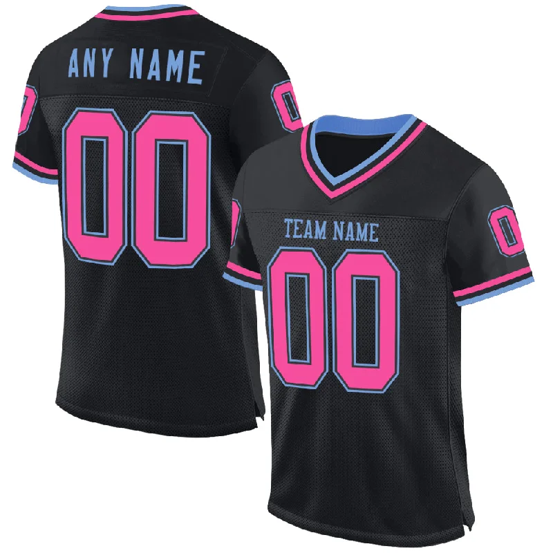 Football Jersey With Graffiti Design-Custom Black Pink-Light Blue Mesh Authentic Throwback Football Jersey