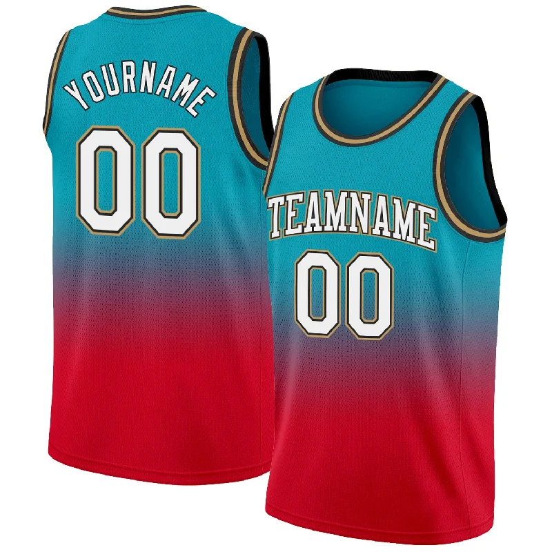 Basketball Jersey With Reinforced Neckline-Custom Teal White-Red Authentic Fade Fashion Basketball Jersey