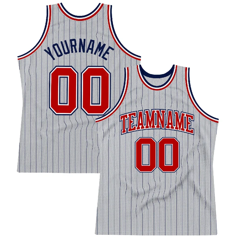 Basketball Jersey With Extended Length-Custom Gray Navy Pinstripe Red-White Authentic Basketball Jersey