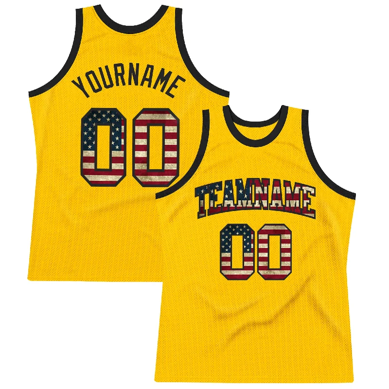 Basketball Jersey With Stretchable Fabric-Custom Gold Vintage USA Flag-Black Authentic Throwback Basketball Jersey