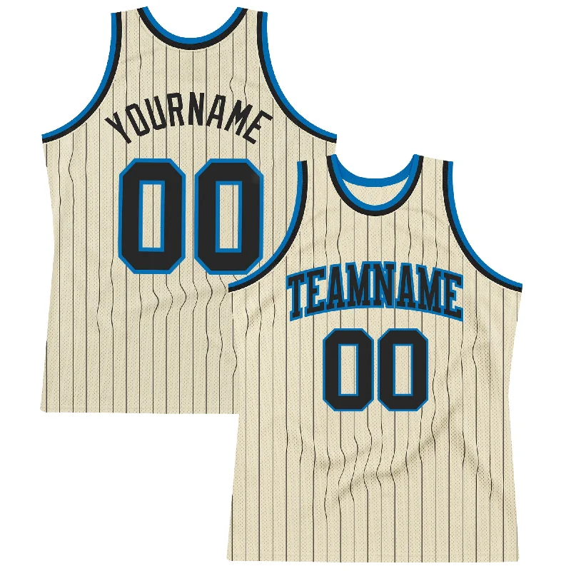 Basketball Jersey With Mesh Panels-Custom Cream Black Pinstripe Black-Blue Authentic Basketball Jersey