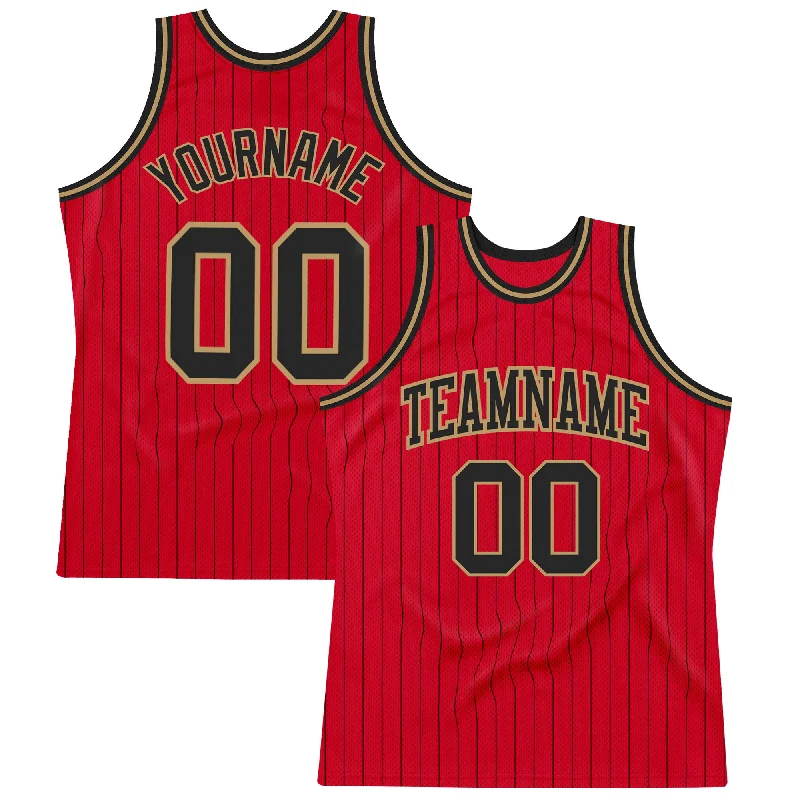 Basketball Jersey With Compression Layer-Custom Red Black Pinstripe Black-Old Gold Authentic Basketball Jersey