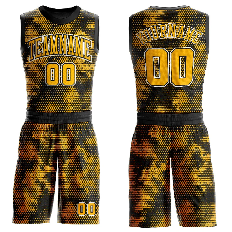 Basketball Jersey For Outdoor Play-Custom Black Gold-White Round Neck Sublimation Basketball Suit Jersey