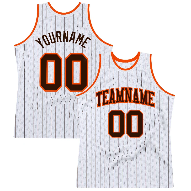 Basketball Jersey With Team Logo-Custom White Brown Pinstripe Brown-Orange Authentic Basketball Jersey