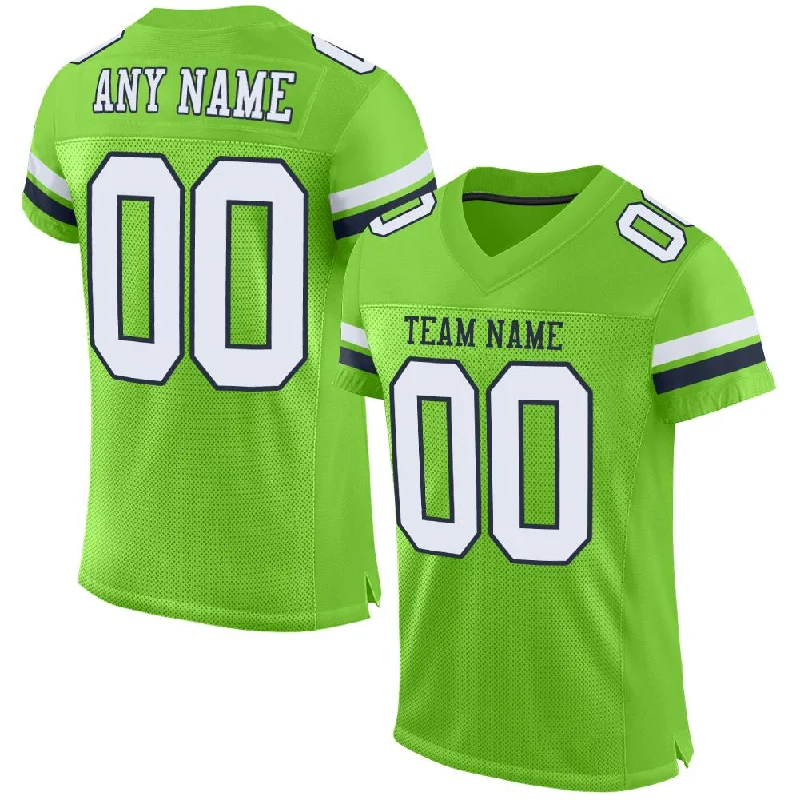 Football Jersey With Short Sleeves-Custom Neon Green White-Navy Mesh Authentic Football Jersey