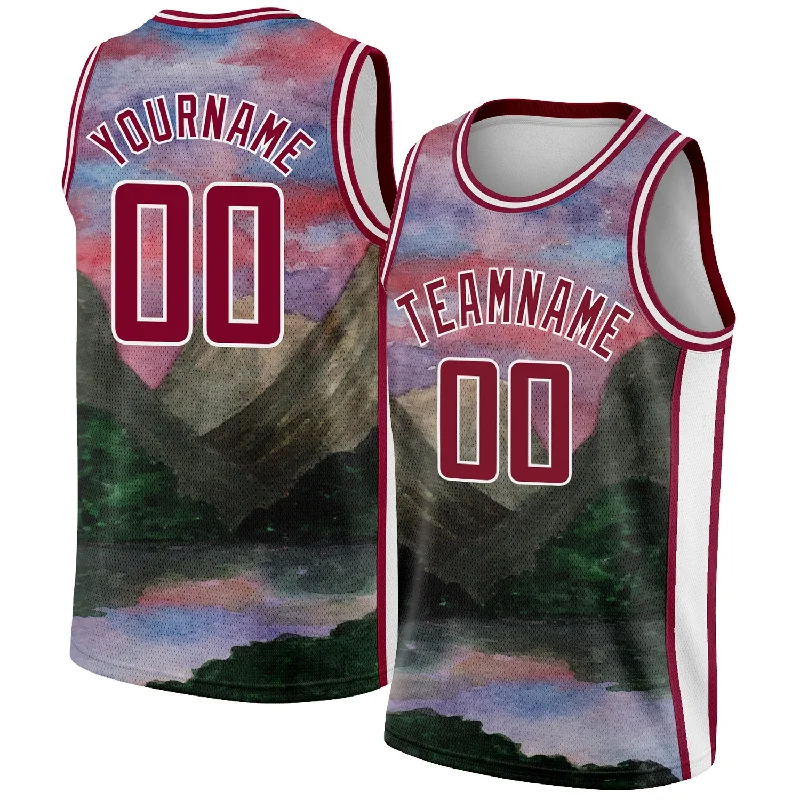 Basketball Jersey With Extended Length-Custom White Maroon 3D Pattern Design Natural Landscape Watercolor Style Authentic Basketball Jersey