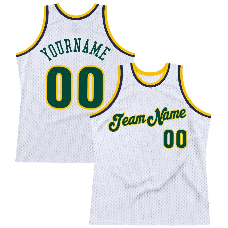 Basketball Jersey With Mesh Panels-Custom White Hunter Green-Gold Authentic Throwback Basketball Jersey