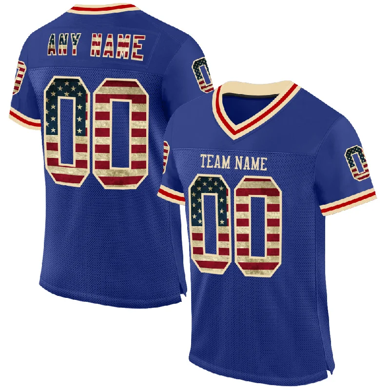 Football Jersey With Compression Layer-Custom Royal Vintage USA Flag Cream-Red Mesh Authentic Throwback Football Jersey