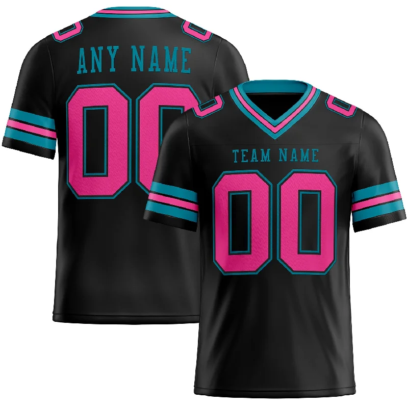 Football Jersey With Compression Fit-Custom Black Pink-Teal Mesh Authentic Football Jersey