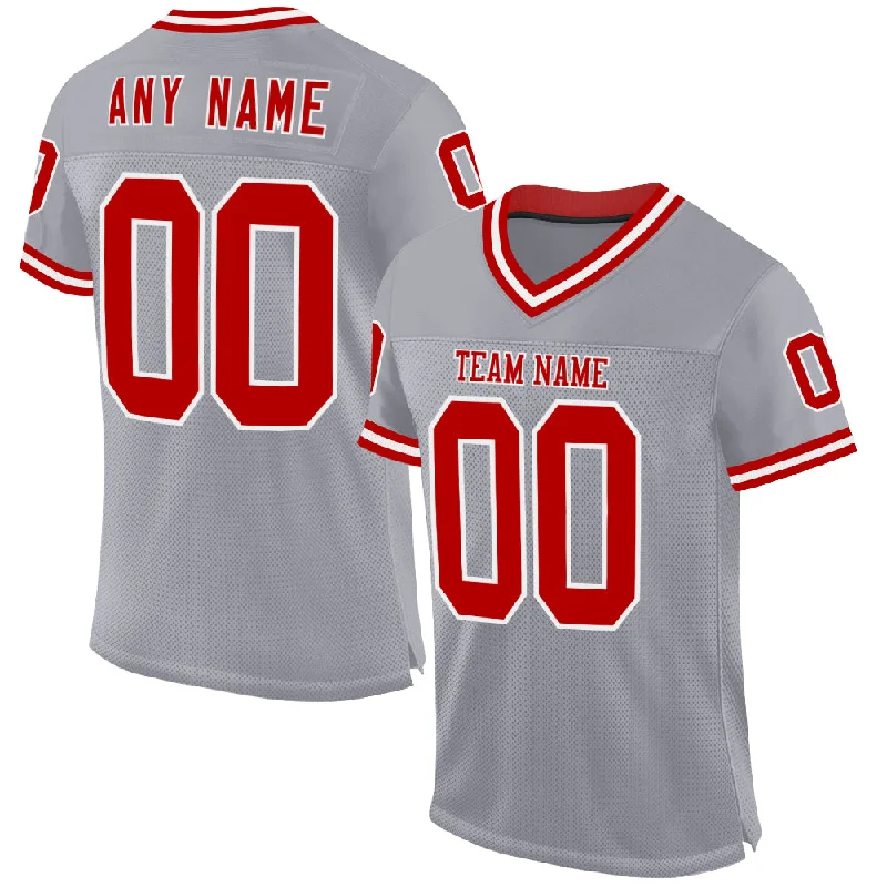 Football Jersey With High-End Materials-Custom Gray Red-White Mesh Authentic Throwback Football Jersey