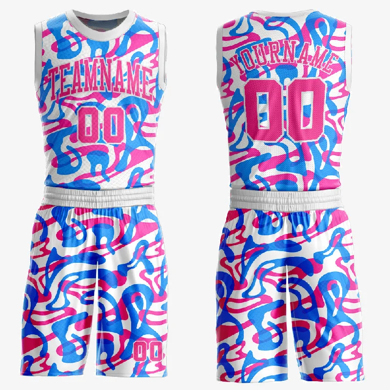 Basketball Jersey With Metallic Numbers-Custom White Pink-Light Blue Music Festival Round Neck Sublimation Basketball Suit Jersey