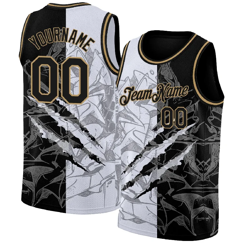 Basketball Jersey With Moisture-Wicking Tech-Custom Graffiti Pattern Black-Old Gold 3D Scratch Authentic Basketball Jersey