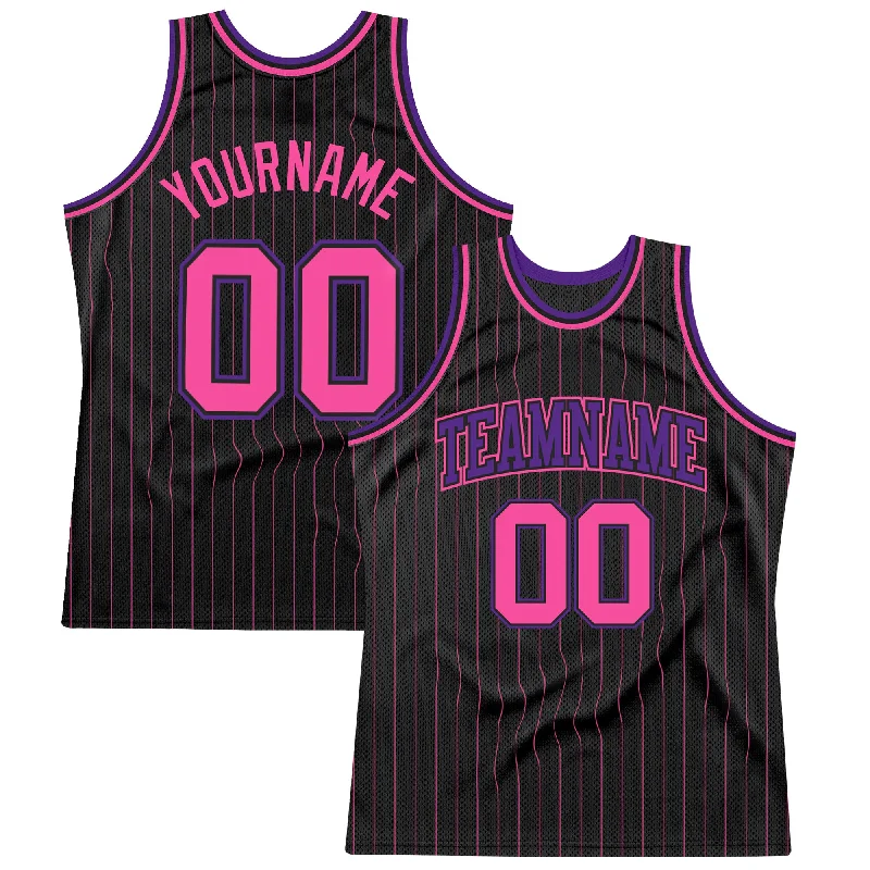 Basketball Jersey With Ribbed Armholes-Custom Black Pink Pinstripe Pink-Purple Authentic Basketball Jersey