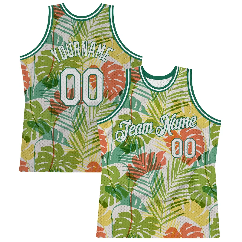 Basketball Jersey With Button-Up Style-Custom White White-Kelly Green 3D Pattern Hawaii Palm Trees Authentic Basketball Jersey