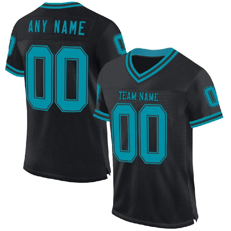 Football Jersey With Reinforced Seams-Custom Black Teal Mesh Authentic Throwback Football Jersey