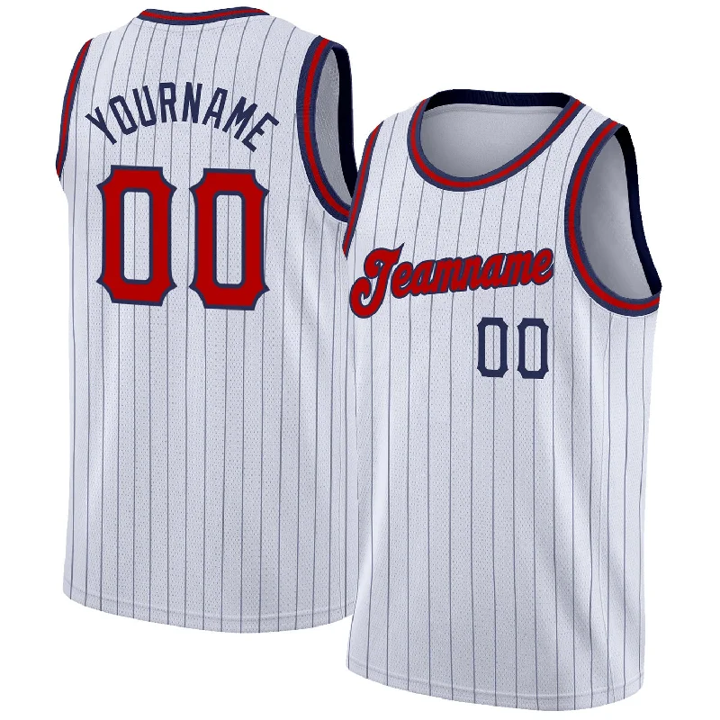 Basketball Jersey With High-Tech Material-Custom White Navy Pinstripe Red-Navy Authentic Basketball Jersey