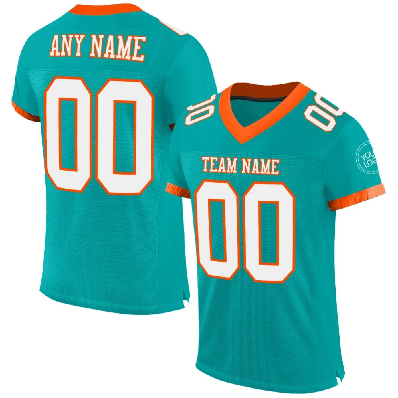 Football Jersey With Slim Fit-Custom Aqua White-Orange Mesh Authentic Football Jersey