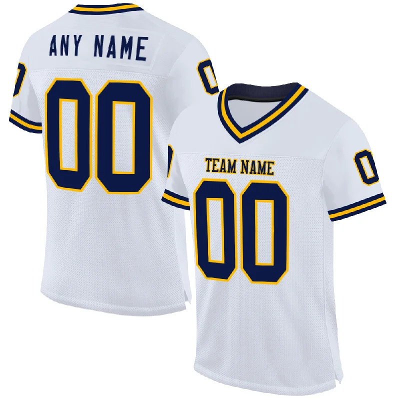 Football Jersey With Long Sleeves-Custom White Navy-Gold Mesh Authentic Throwback Football Jersey