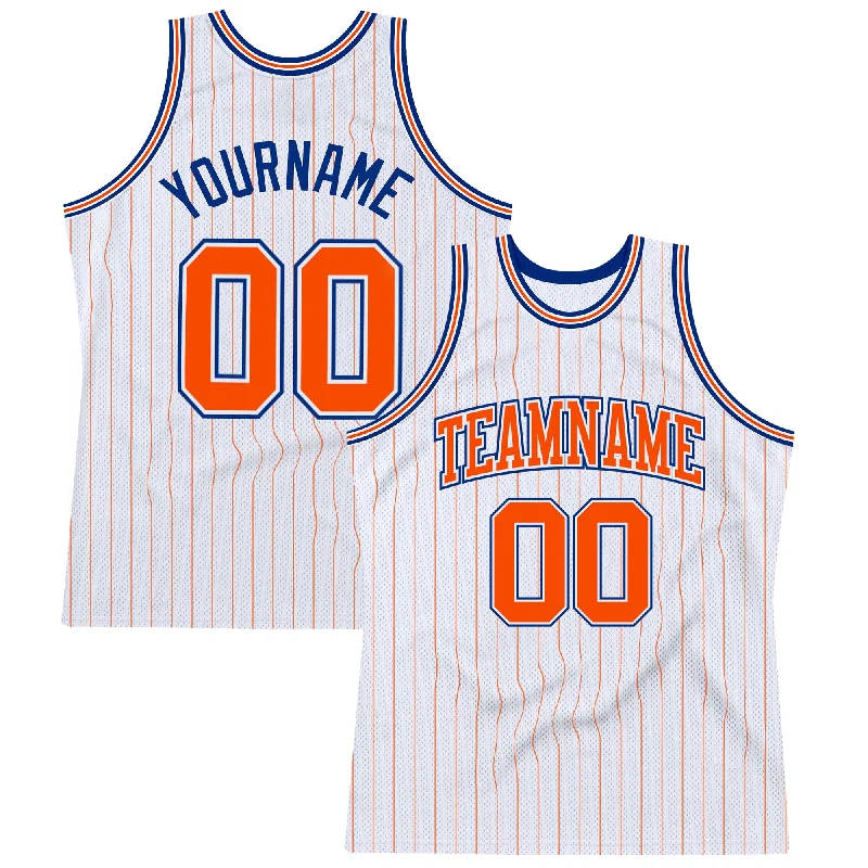 Basketball Jersey With Breathable Fabric-Custom White Orange Pinstripe Orange-Royal Authentic Basketball Jersey