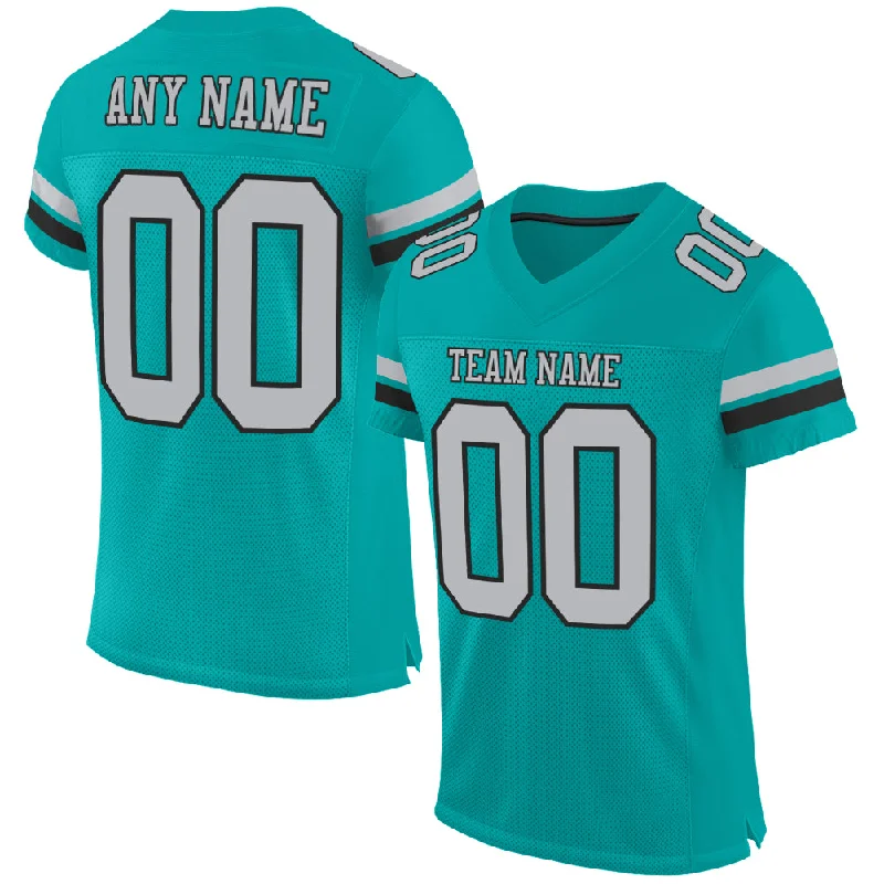 Football Jersey With Throwback Style-Custom Aqua Gray-Black Mesh Authentic Football Jersey