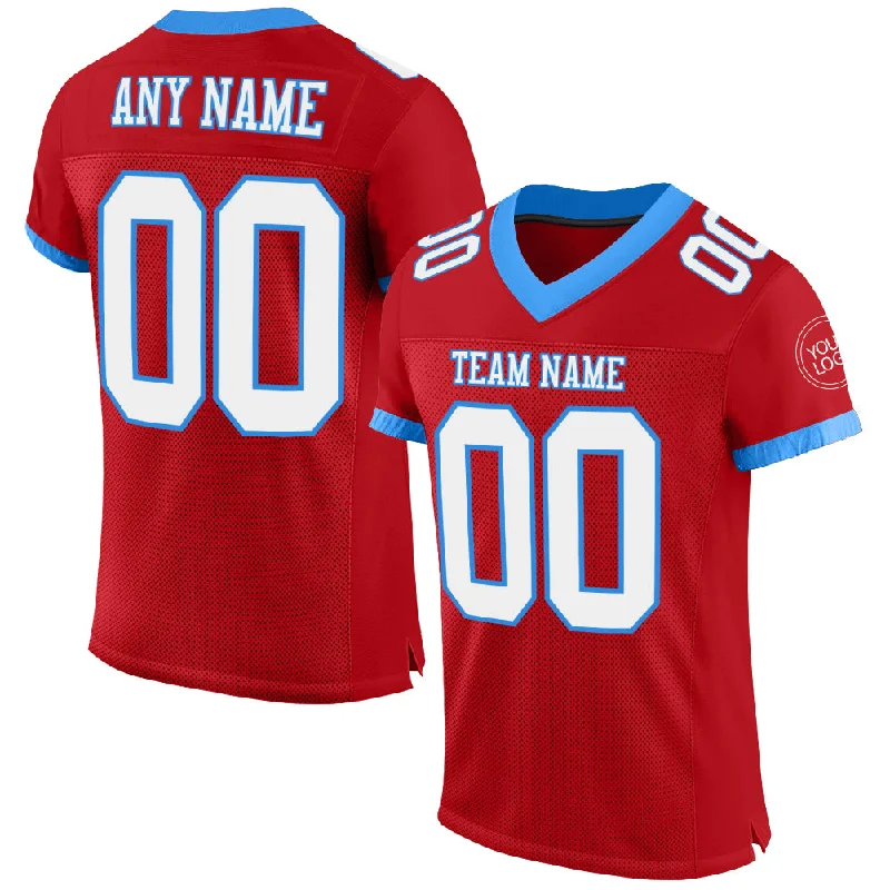 Football Jersey With Laser-Cut Perforations-Custom Red White-Powder Blue Mesh Authentic Football Jersey