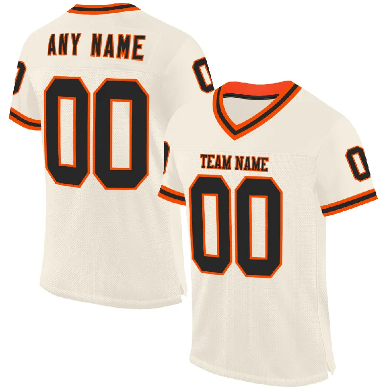 Football Jersey For Running Backs-Custom Cream Black-Orange Mesh Authentic Throwback Football Jersey